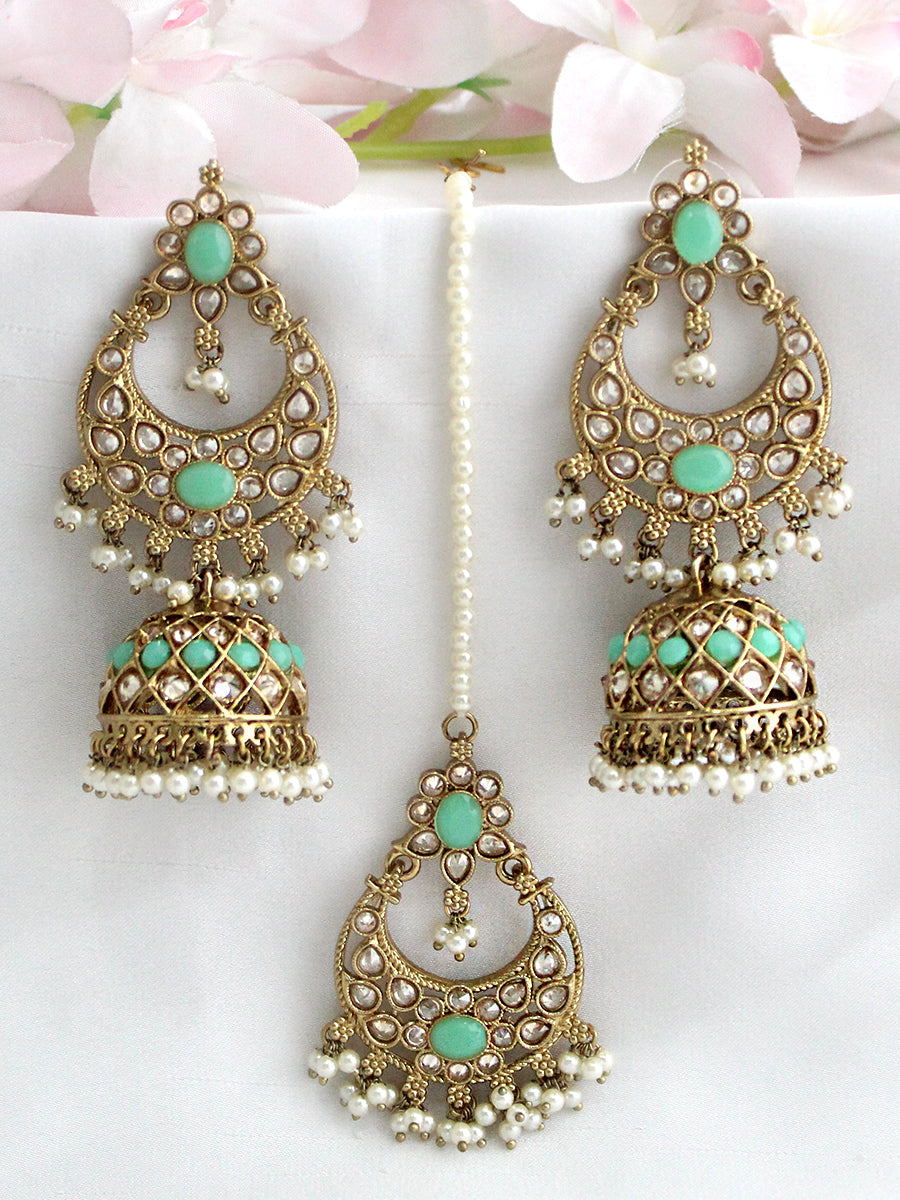 Ruhina Earrings & Tikka-Mint Green