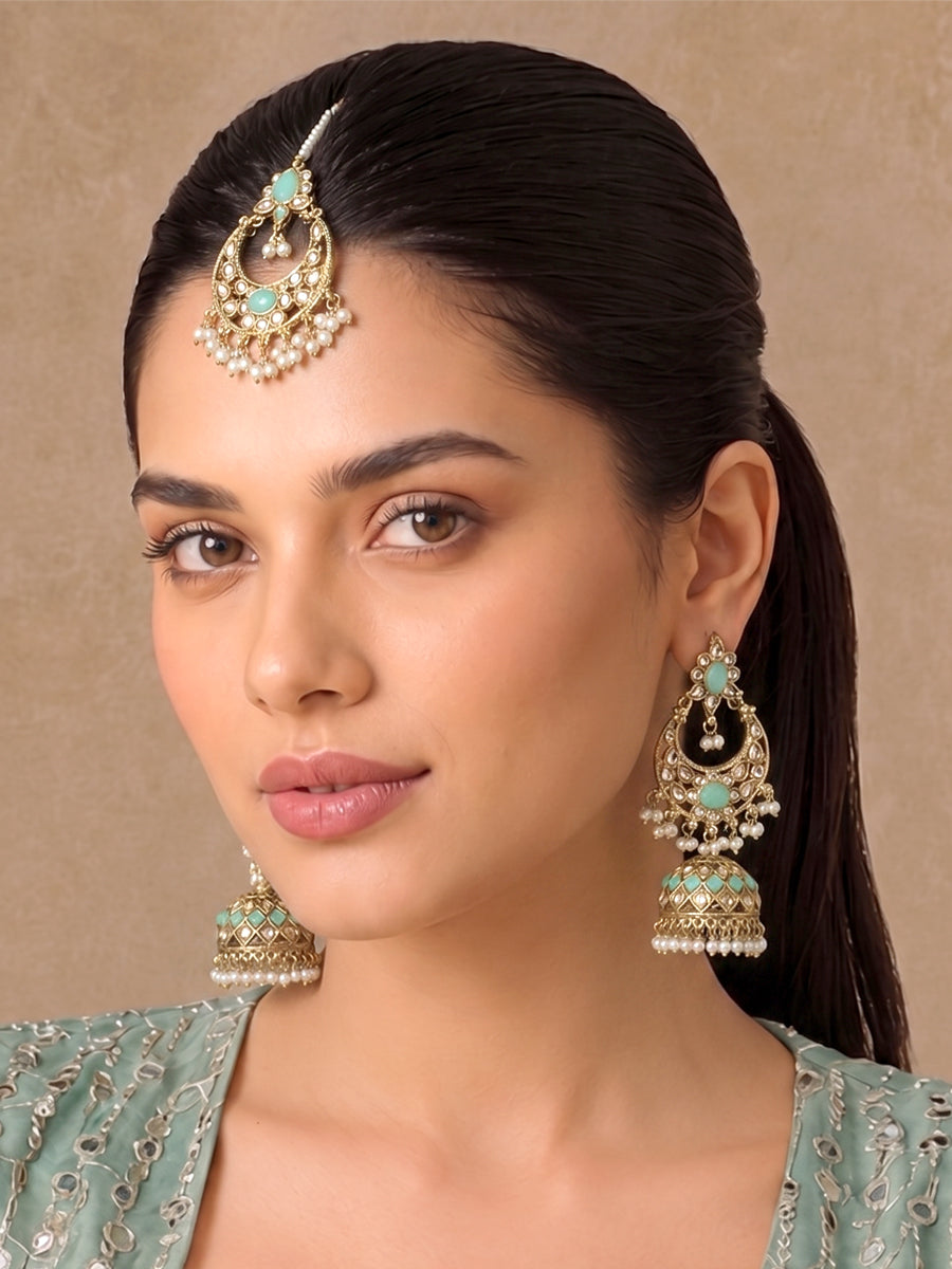 Ruhina Earrings & Tikka-Mint Green