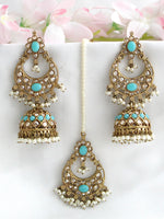 Ruhina Earrings & Tikka-Aqua