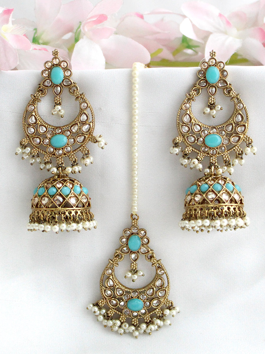 Ruhina Earrings & Tikka-Aqua