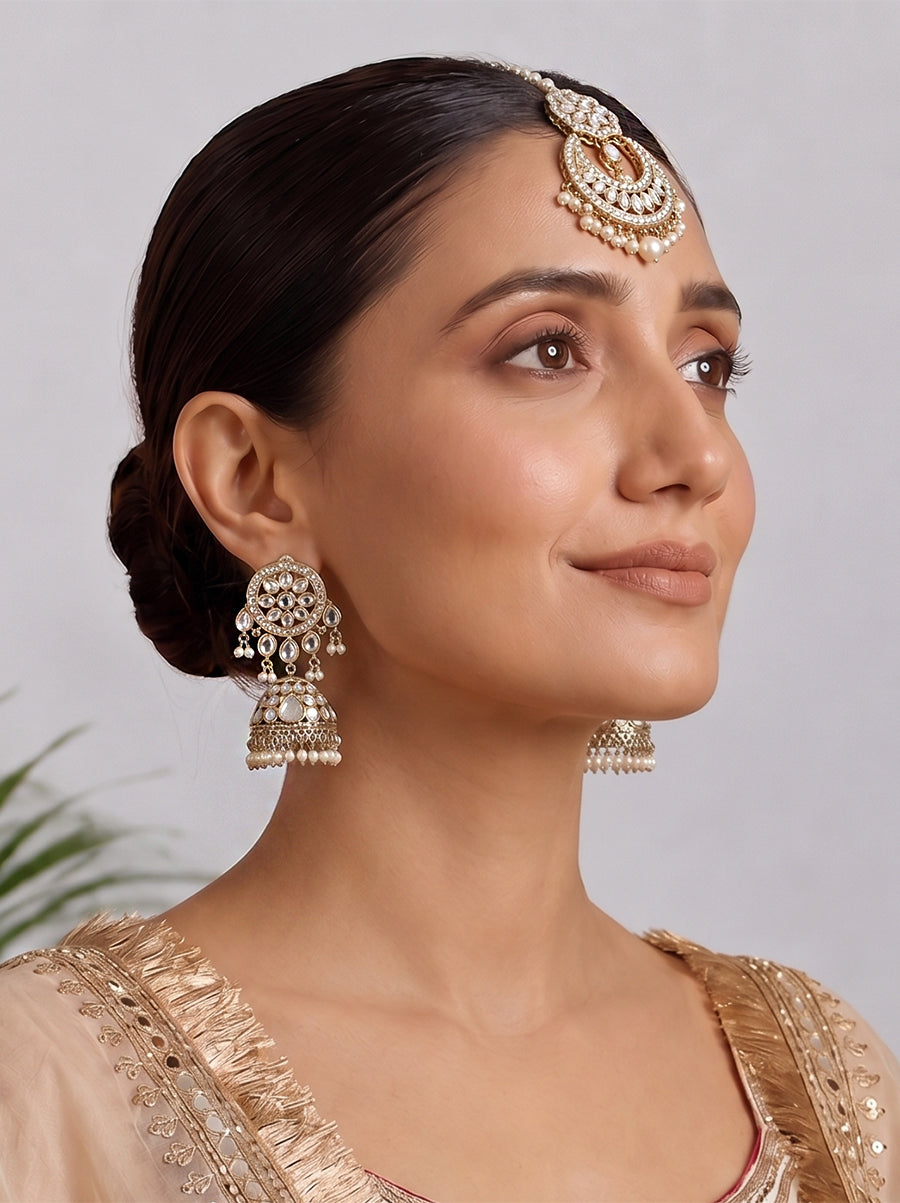 Keesha Mirror Earrings & Tikka - Pearl