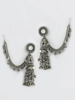 Vrinda Jhumka Earrings With Ear Chain-Antique Silver