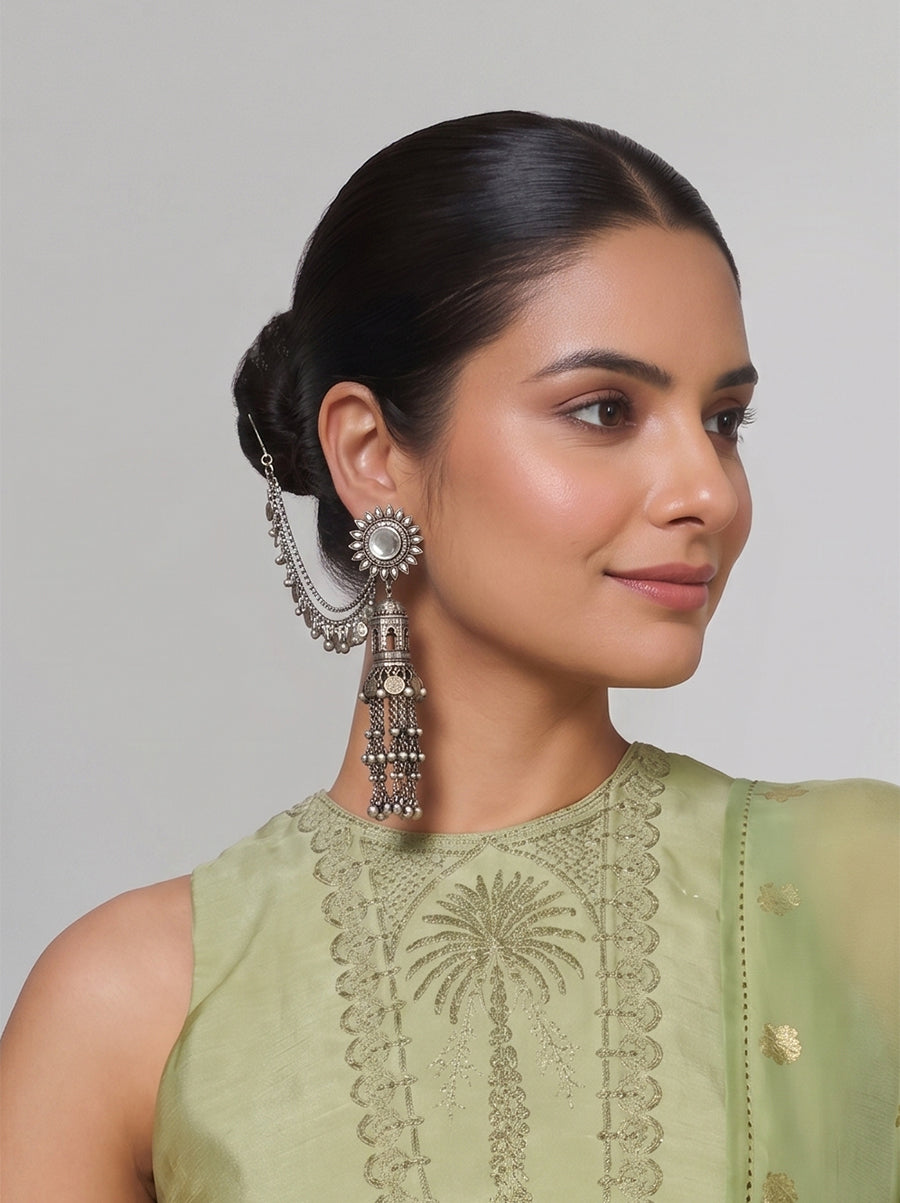 Vrinda Jhumka Earrings With Ear Chain-Antique Silver