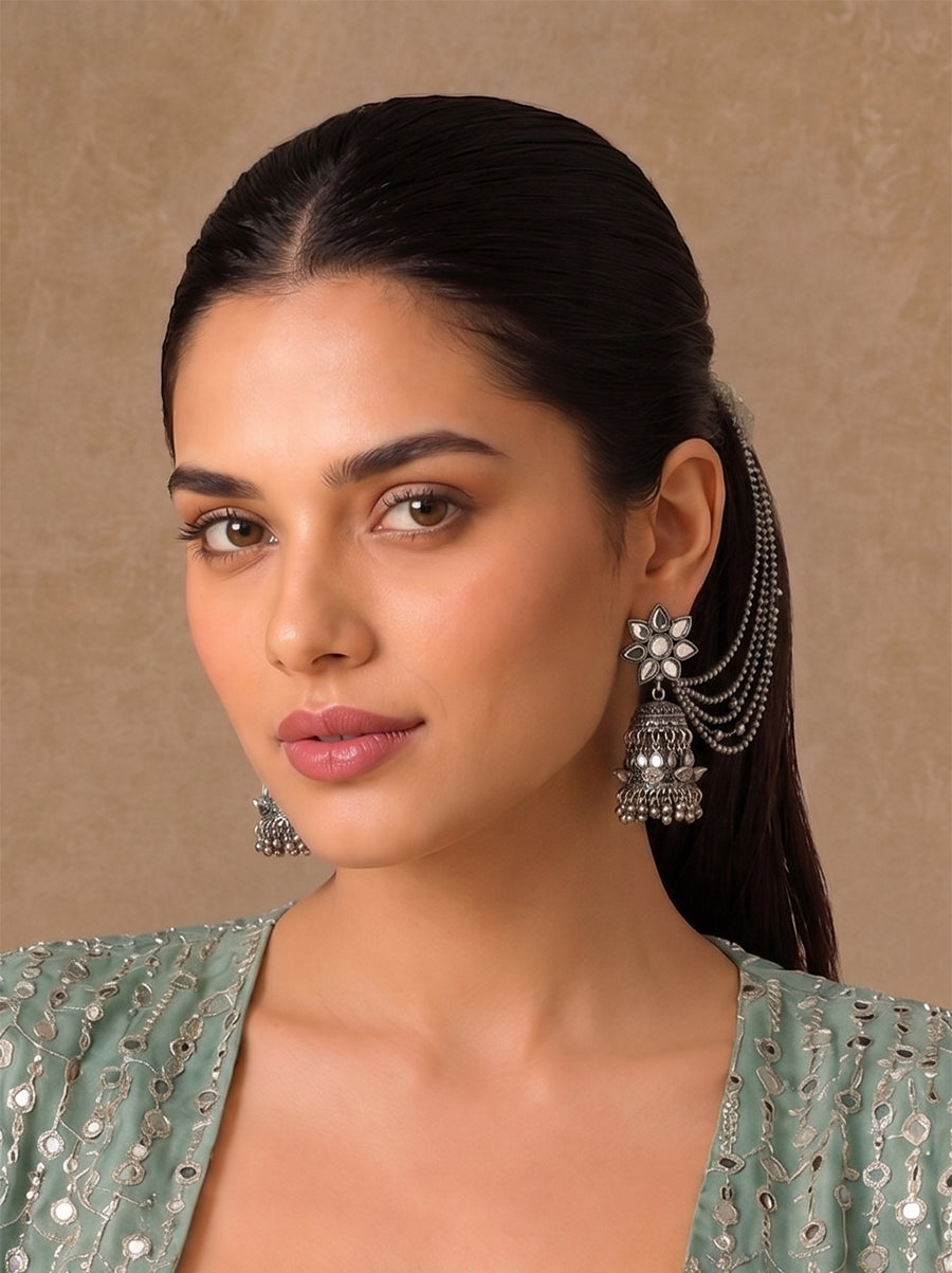 Himani Jhumka Earrings With Ear Chain-Antique Silver