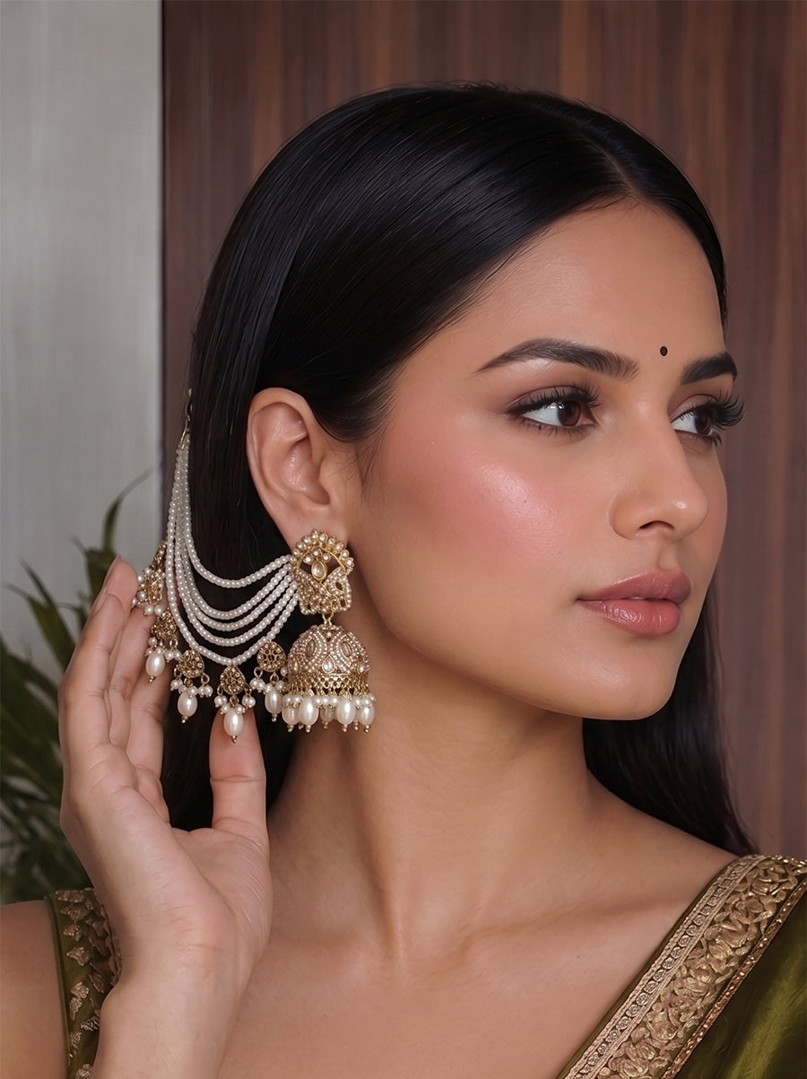 Pearl white Navya Jhumki Earrings With Ear Chain