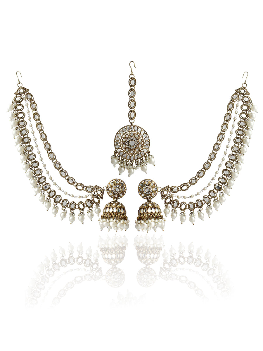 Ivana Mirror Jumki Earrings Tikka With Ear Chain-Gold