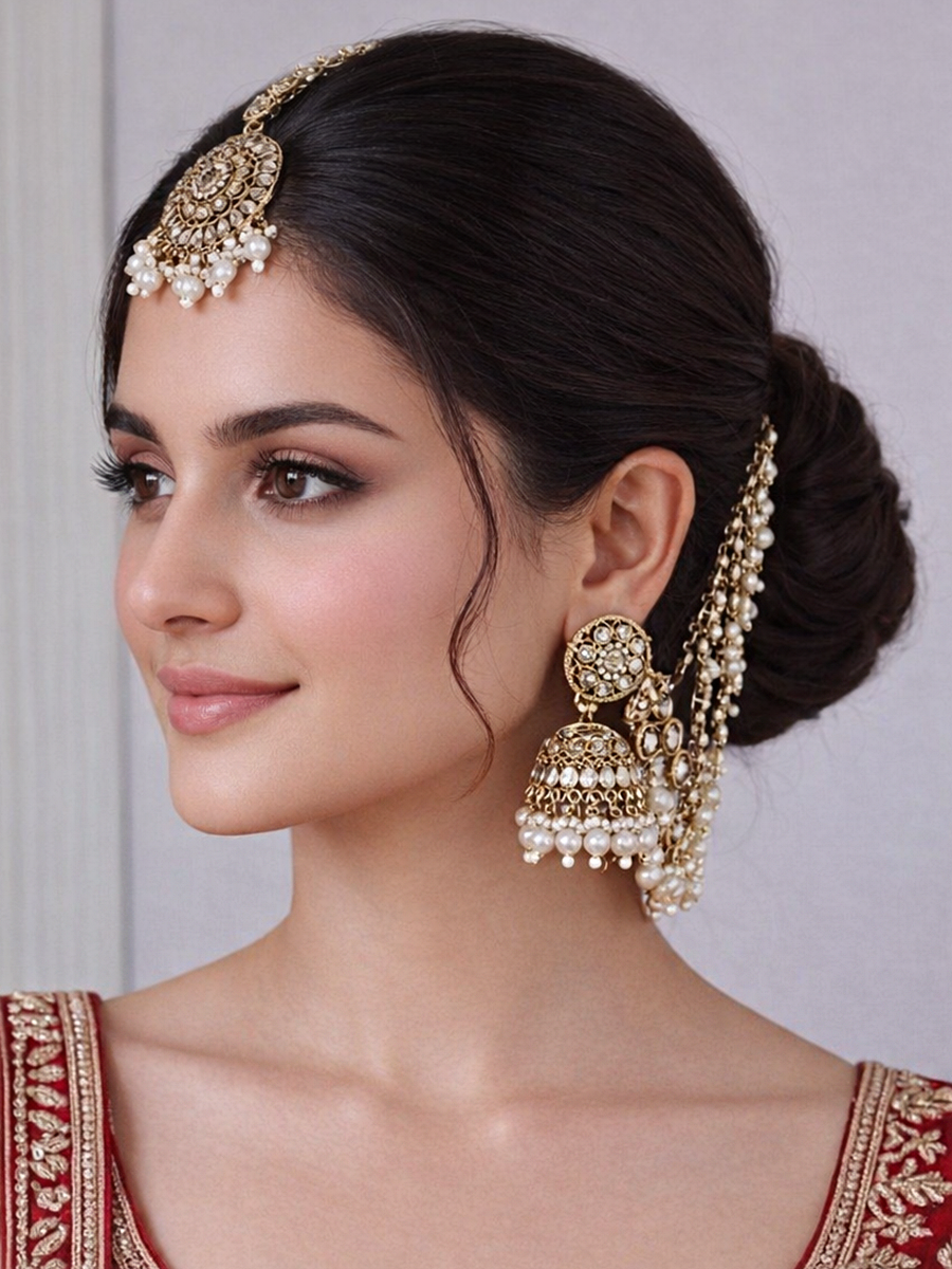 Ivana Mirror Jhumki Earrings Tikka With Ear Chain