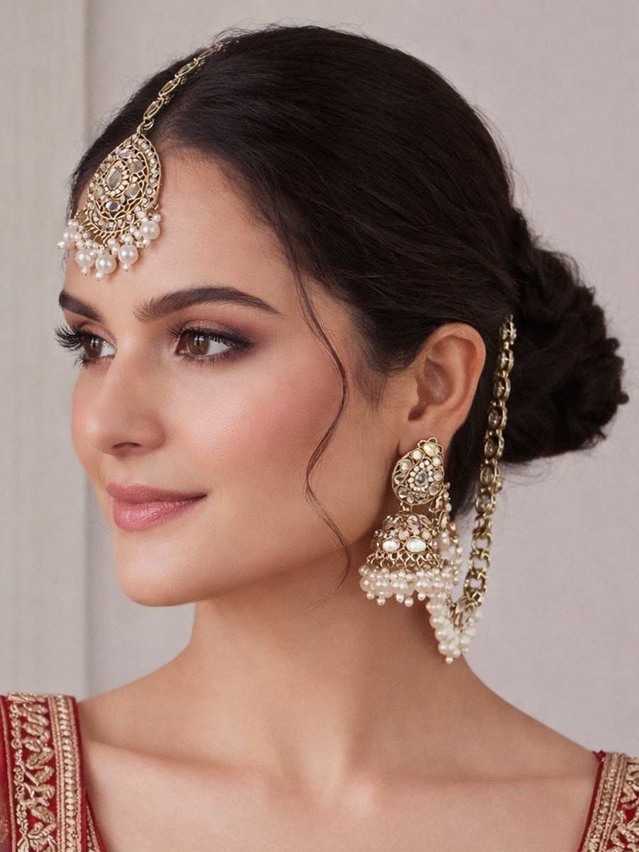 Nirvi Mirror Earrings Tikka With Ear Chain