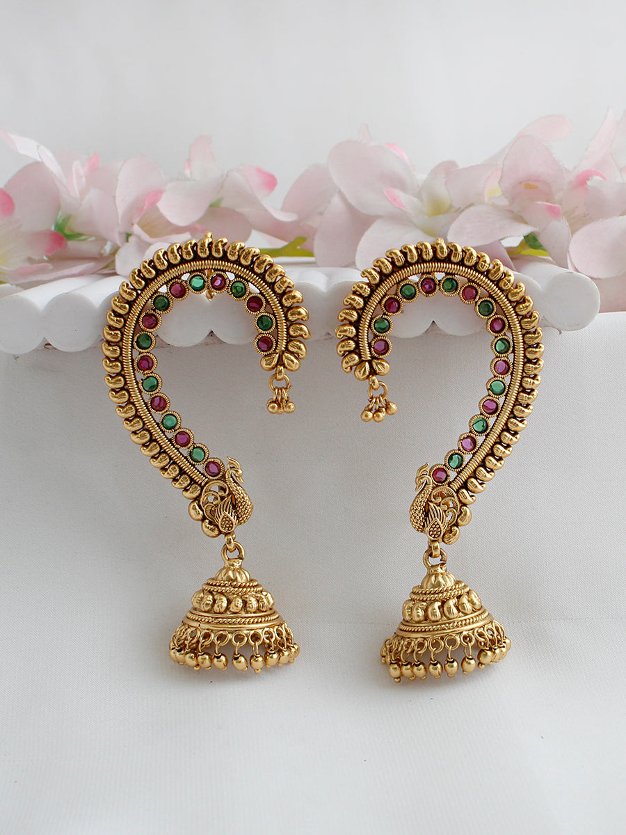 Sanchita Kanphool Earrings Traditional Indian Jhumkas for Ethnic Fashion-Maroon / Green