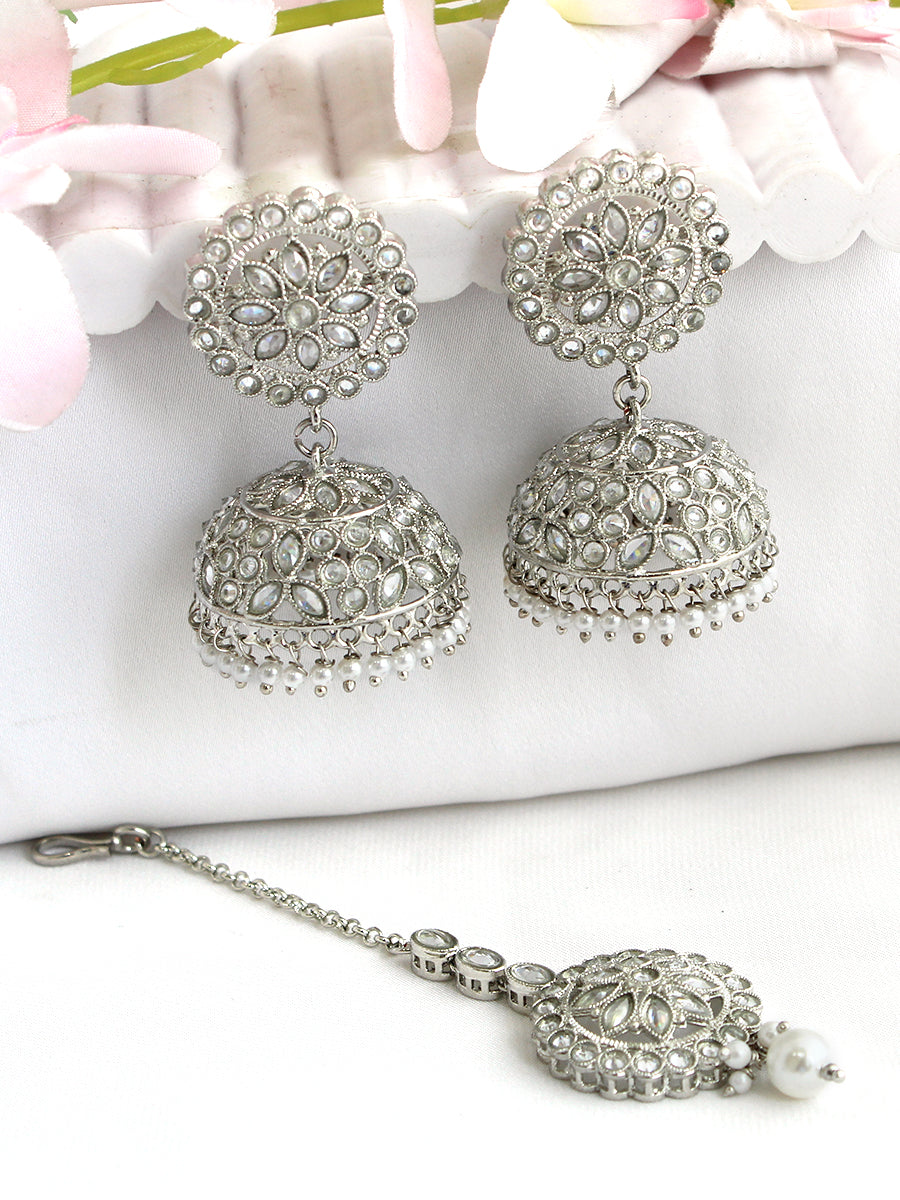 Nishka Jhumki Earrings & Tikka-Silver