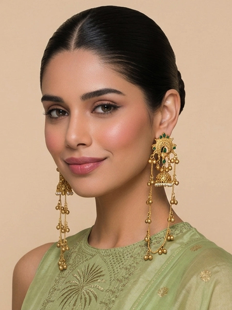 Mirasa Long Jhumki Earrings -Green