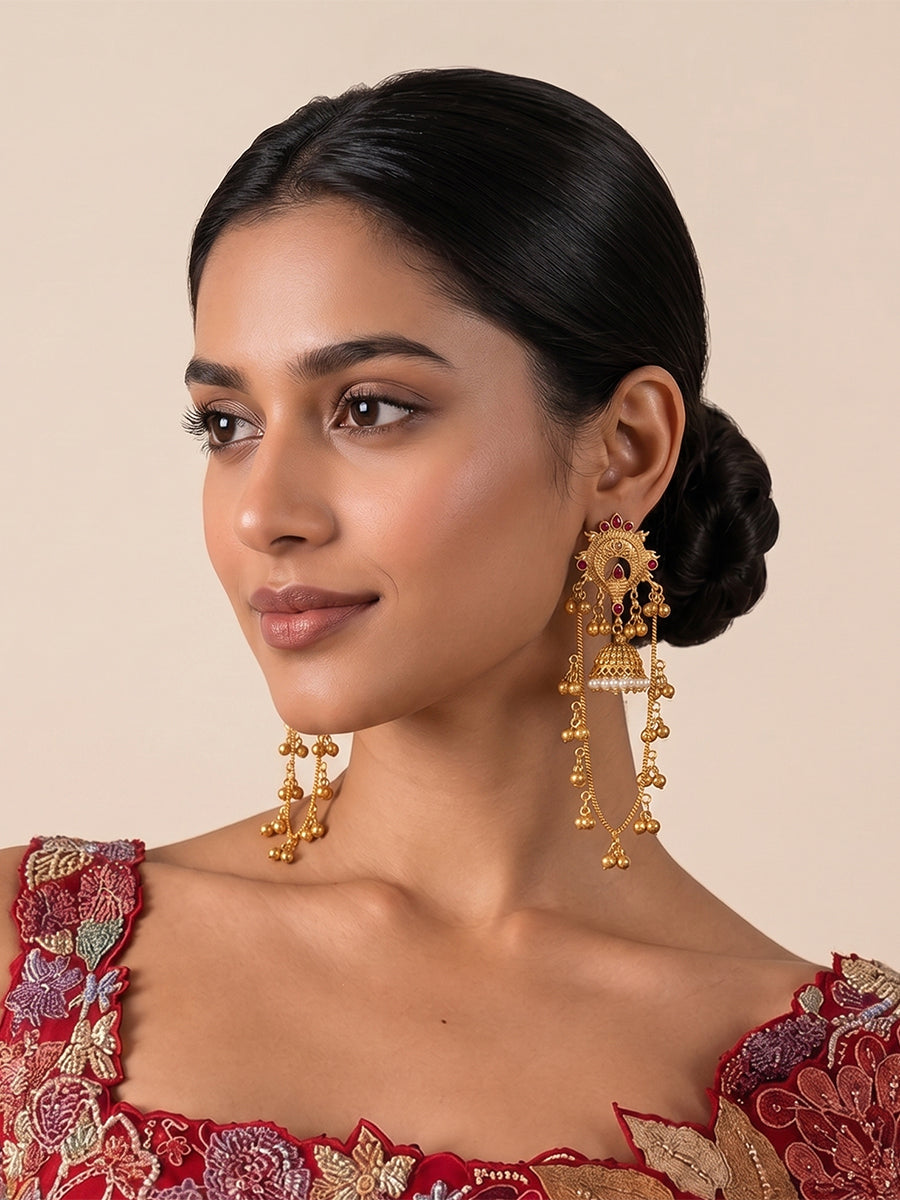 Mirasa Long Jhumki Earrings-Maroon