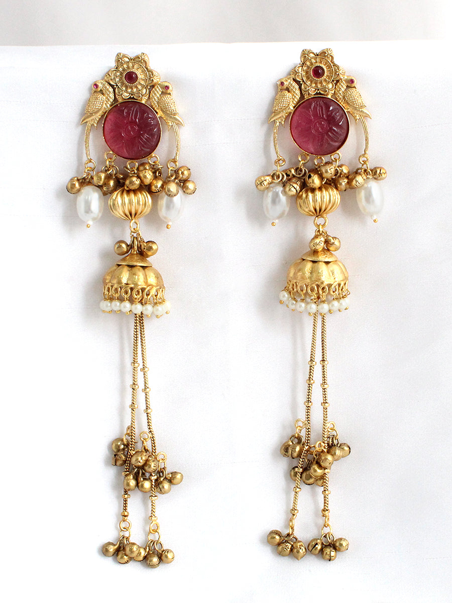 Shuchi Long Jhumki Earrings-Ruby Pink