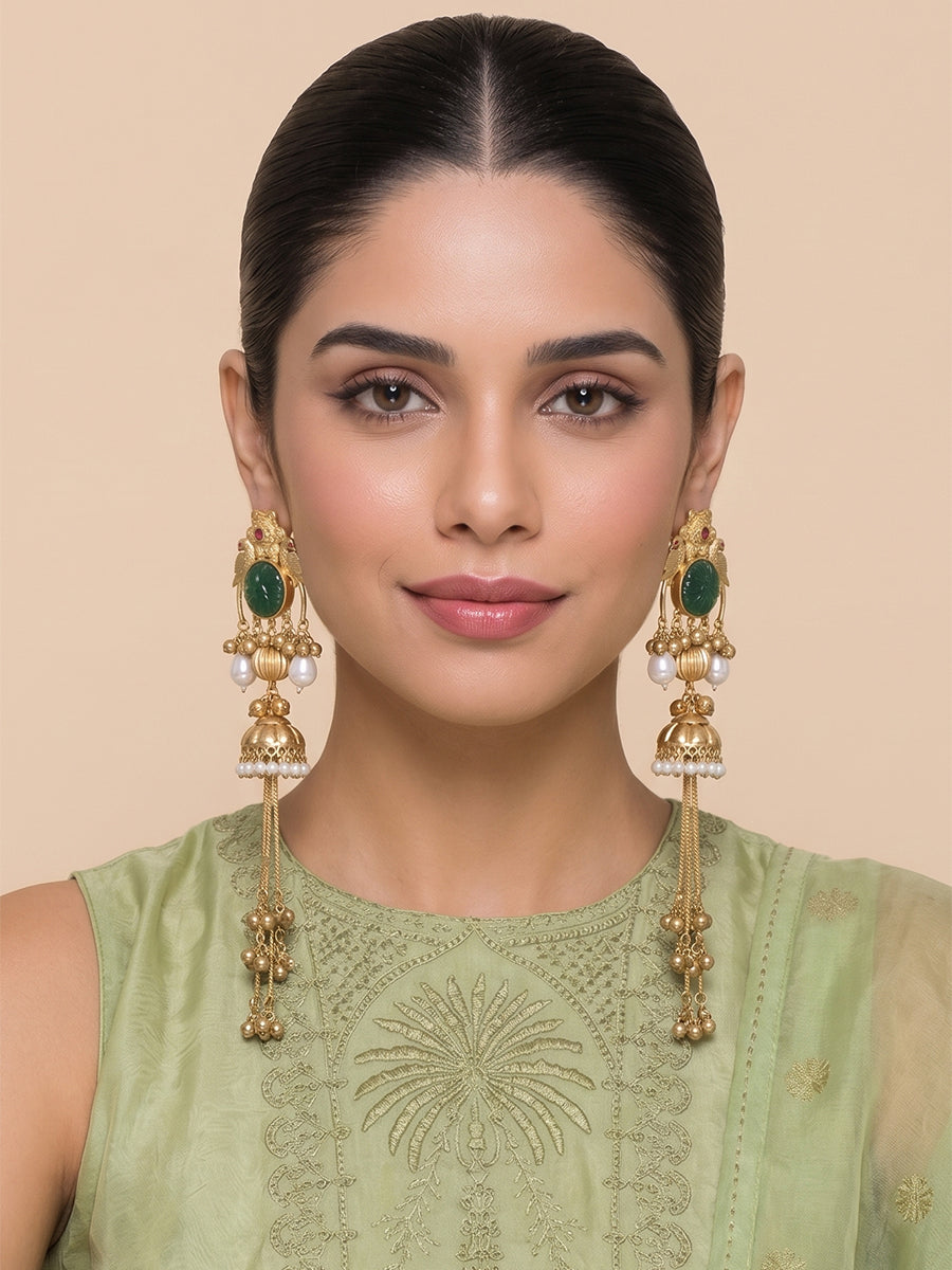 Shuchi Long Jhumki Earrings-Green