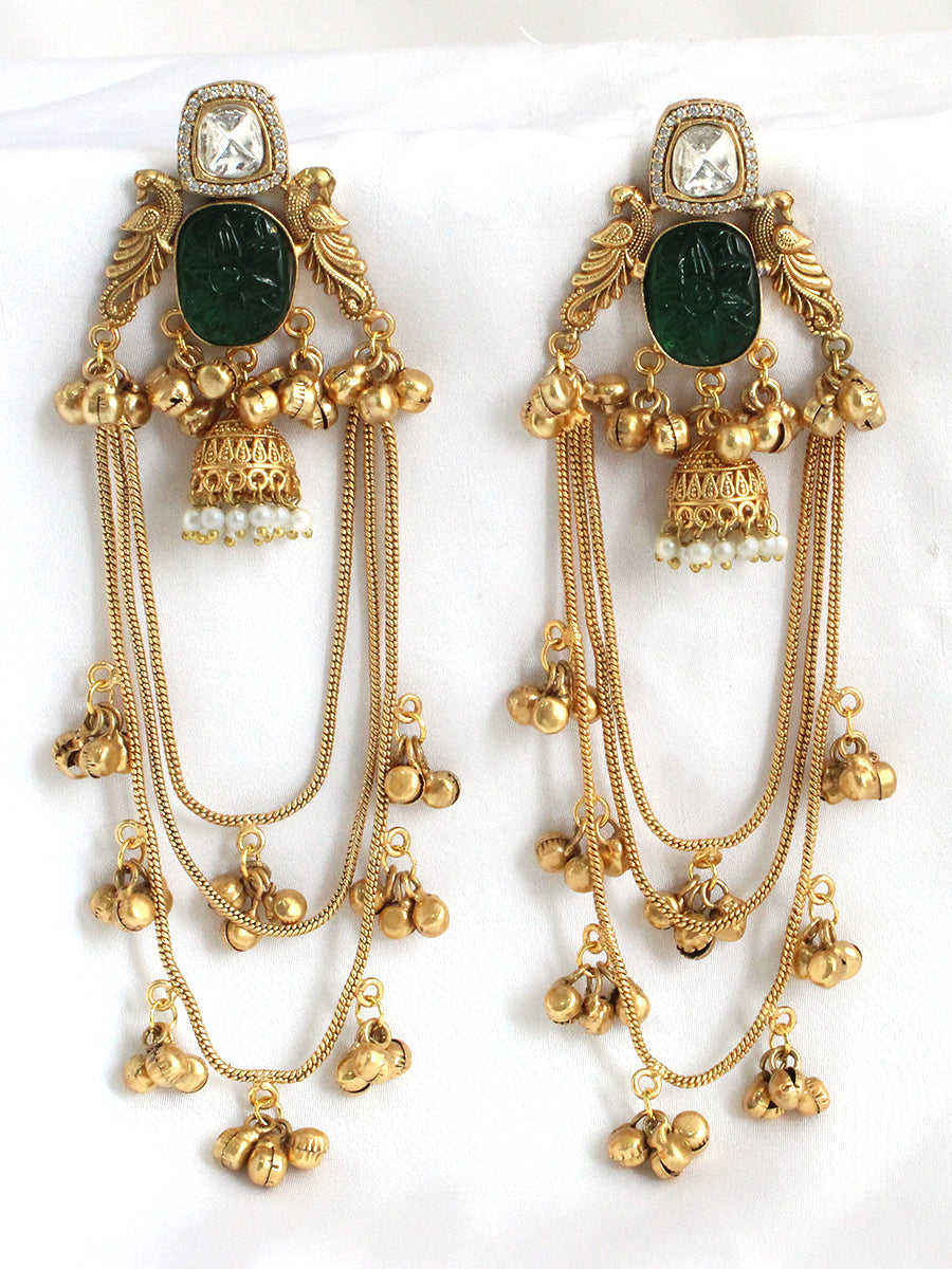 Saanjh Long Jhumki Earrings-Green