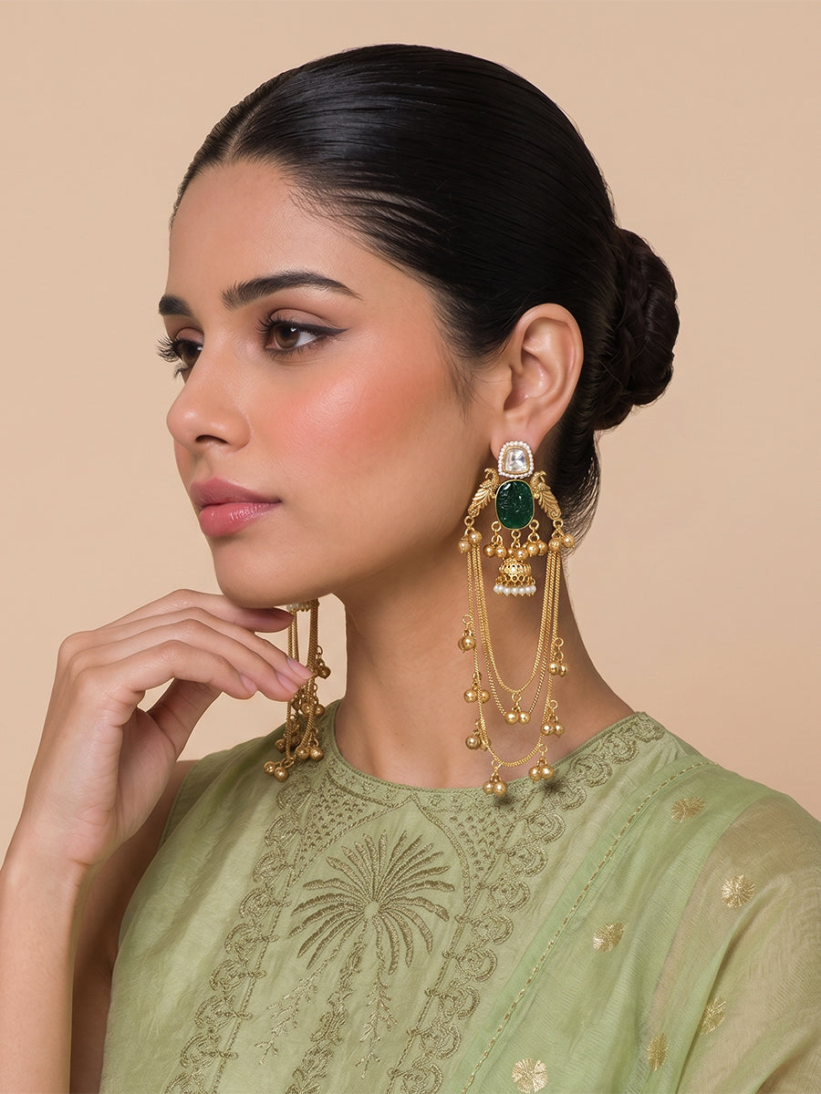 Saanjh Long Jhumki Earrings-Green