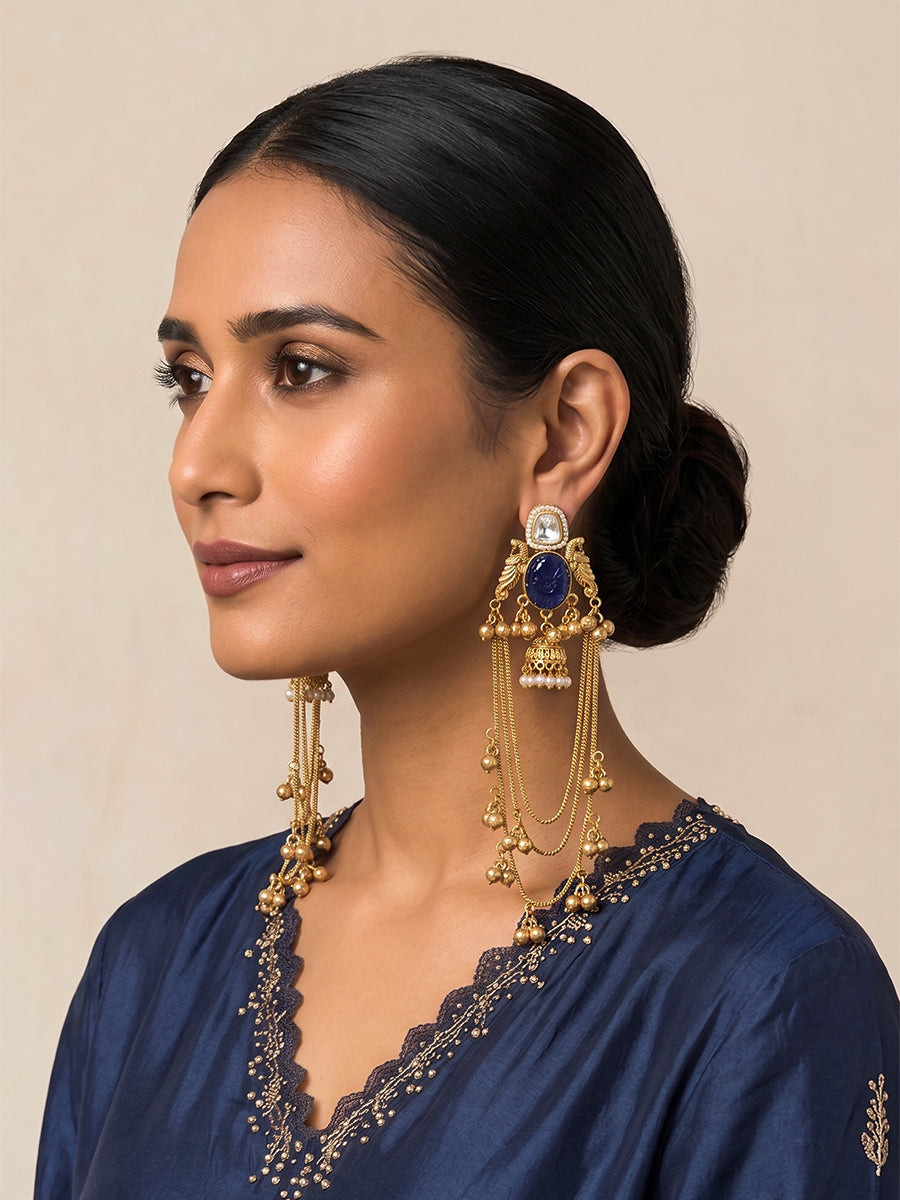 Saanjh Long Jhumki Earrings-Blue