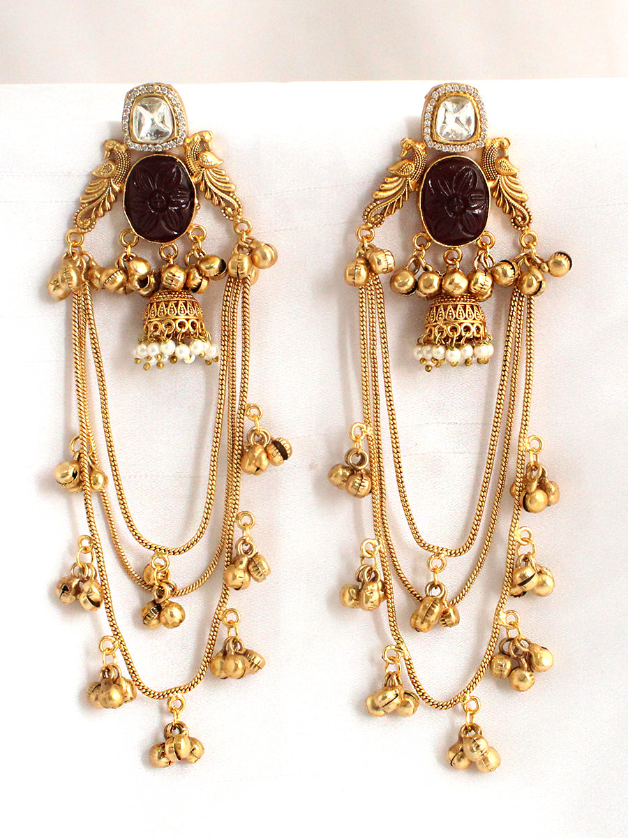 Saanjh Long Jhumki Earrings-Maroon
