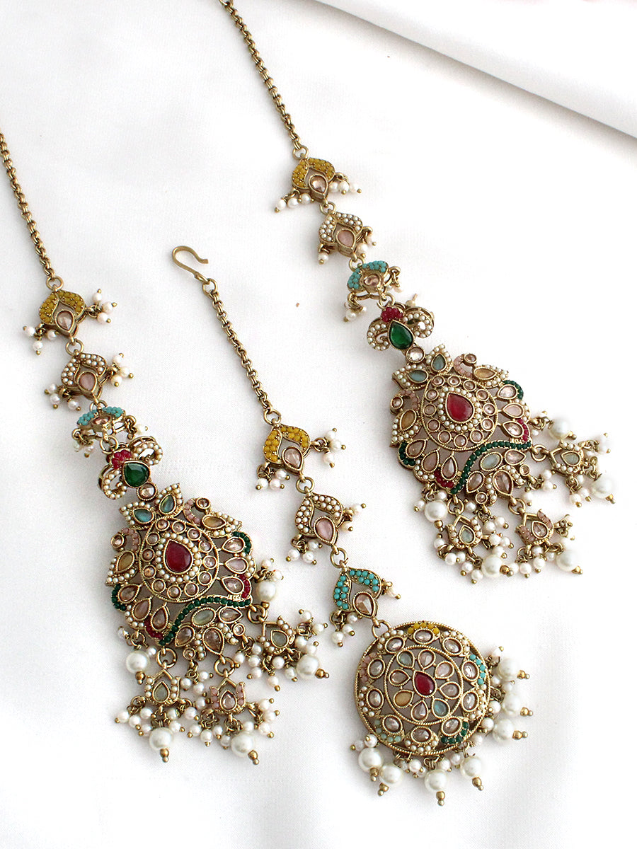 Rhea Earrings with Earchain & Tikka-Multicolor