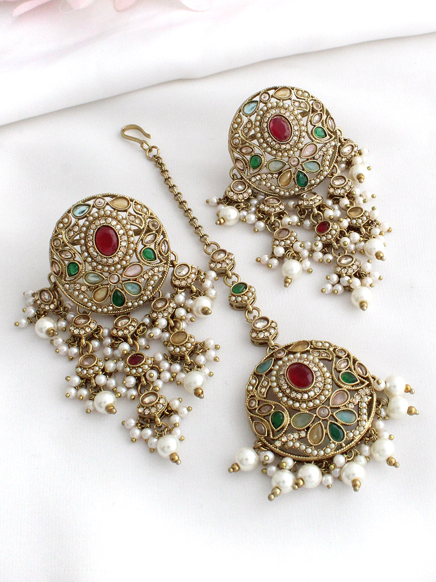 Shairy Earrings with Earchain & Tikka-Multicolor
