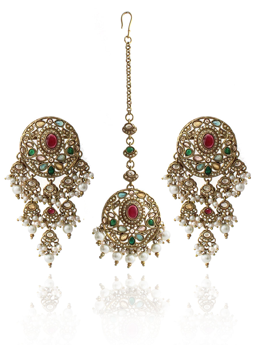 Shairy Earrings with Earchain & Tikka-Multicolor