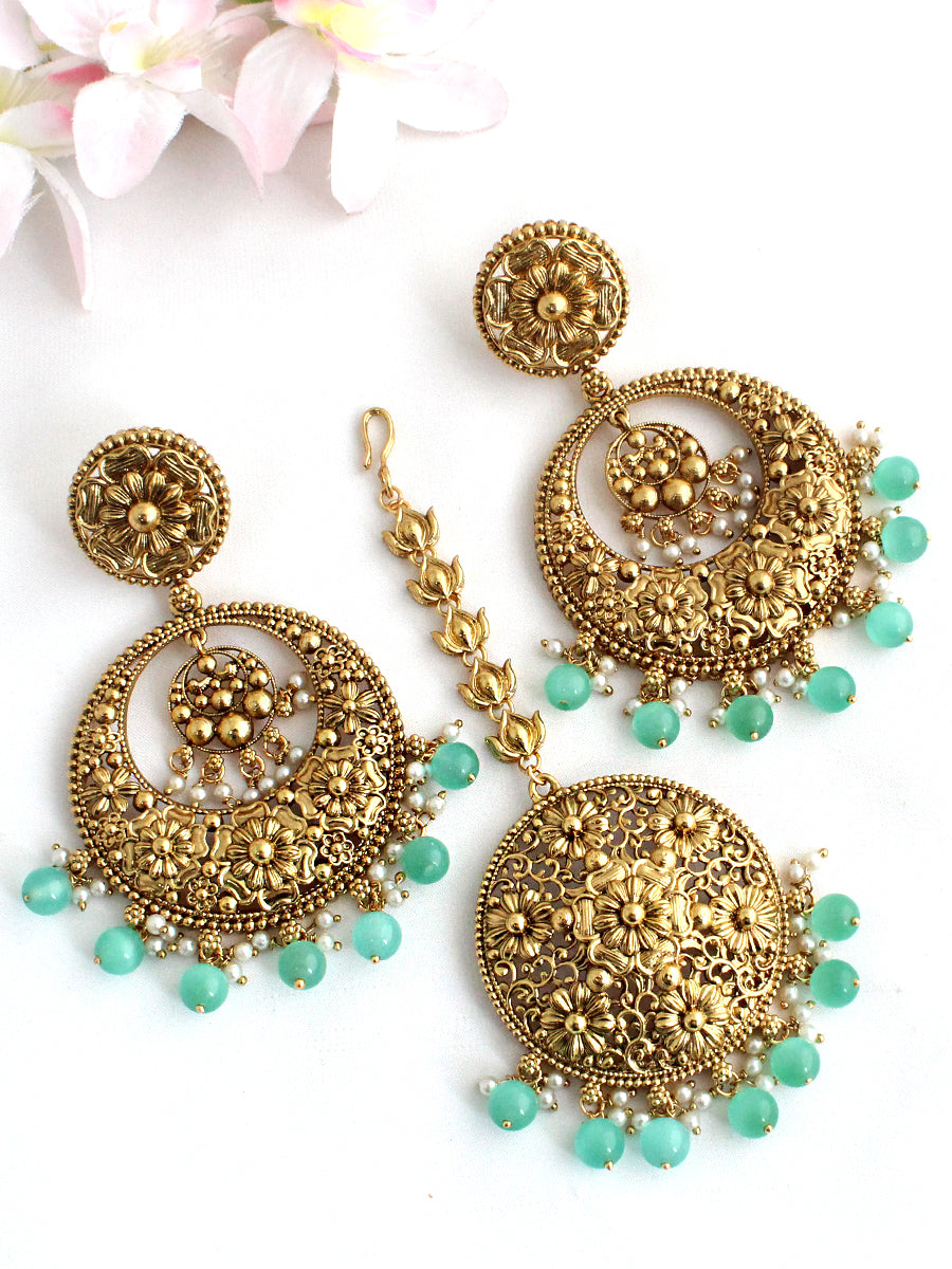 Ambika Earrings & Tikka-Mint Green