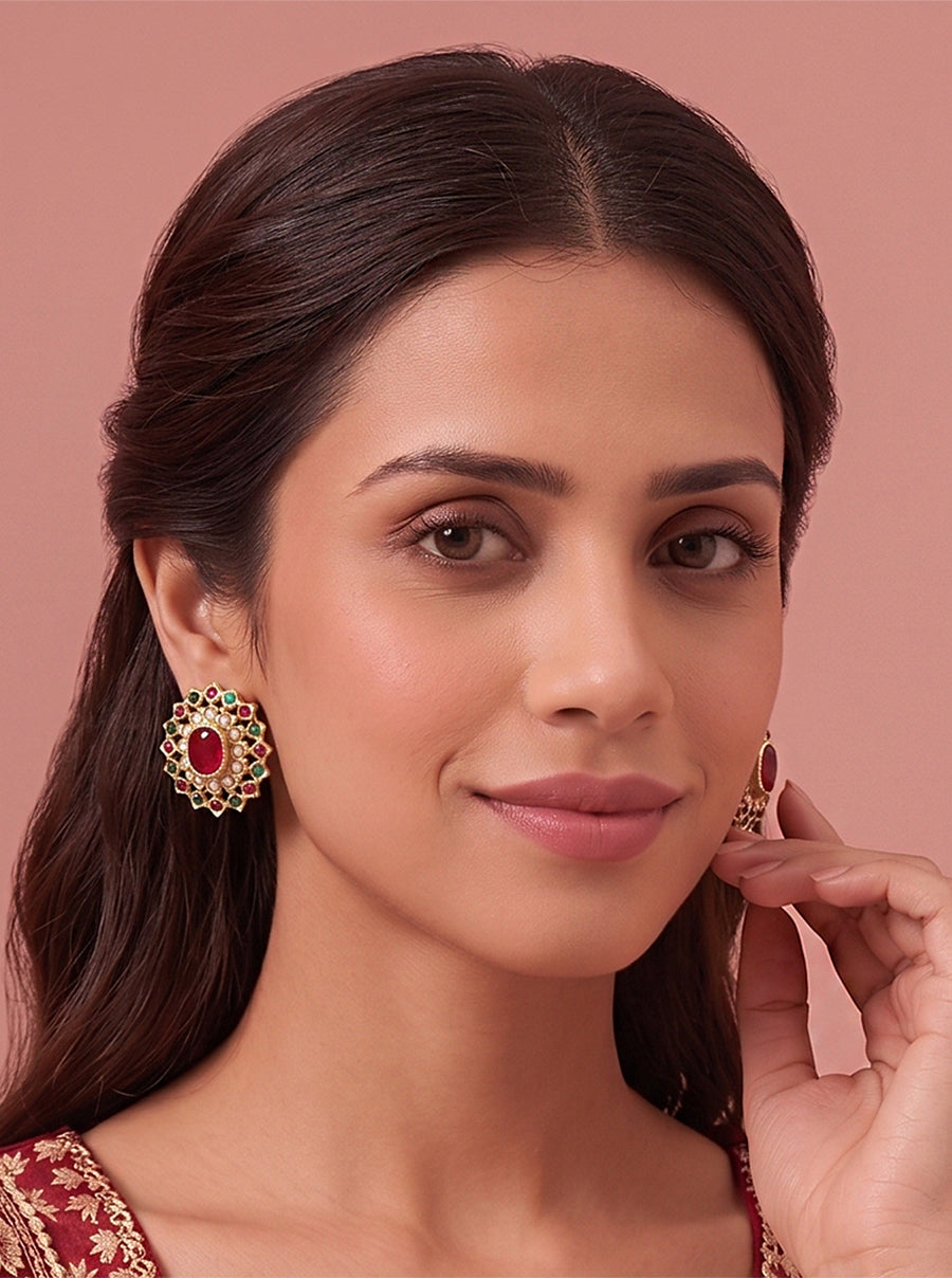 Saima Jadau Stud Earrings-Maroon Green