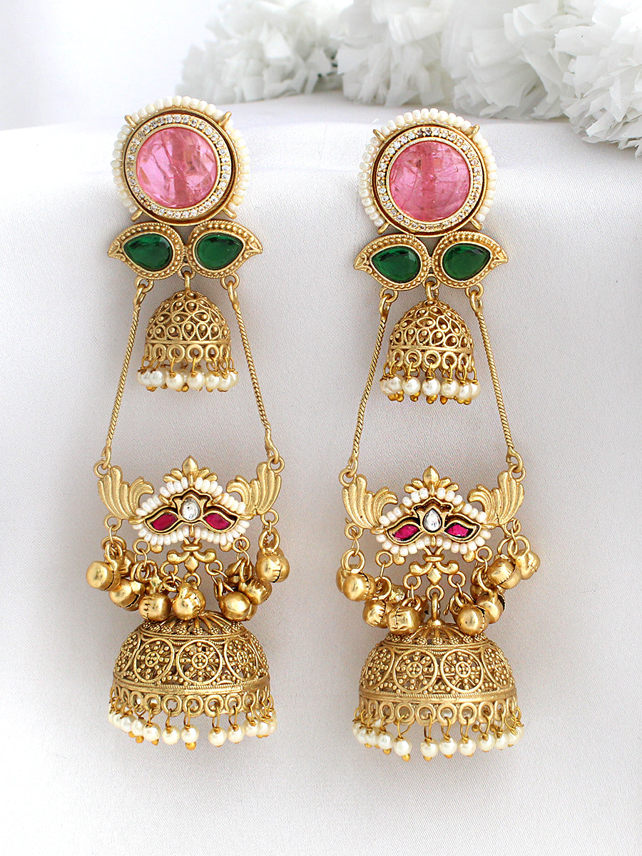 Shivira Long Jhumki Earrings-Pink