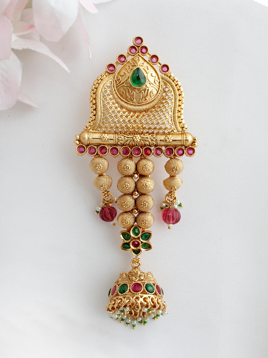 Vaibhavi Hair Bun Pin Temple Jewelry Bun Pin for Saree Styling-Pink/ Green