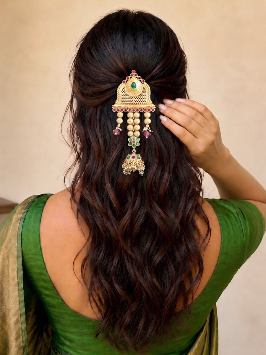 Vaibhavi Hair Bun Pin Temple Jewelry Bun Pin for Saree Styling-Pink/ Green
