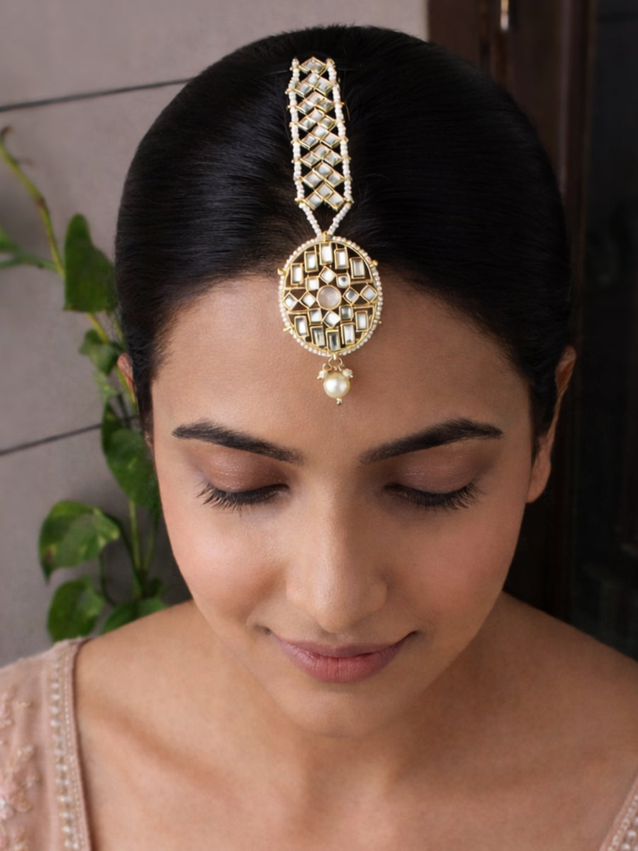 Chetna Mirror Maang Tikka Gold Plated Hair Accessories for Desi Styling
