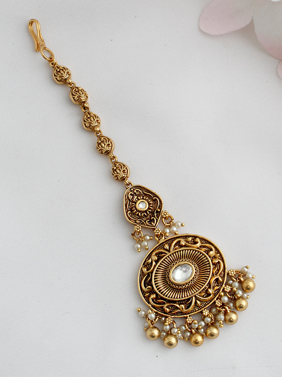Anusha Maang Tikka Temple Jewelry Hair Accessories with USA Delivery-Gold