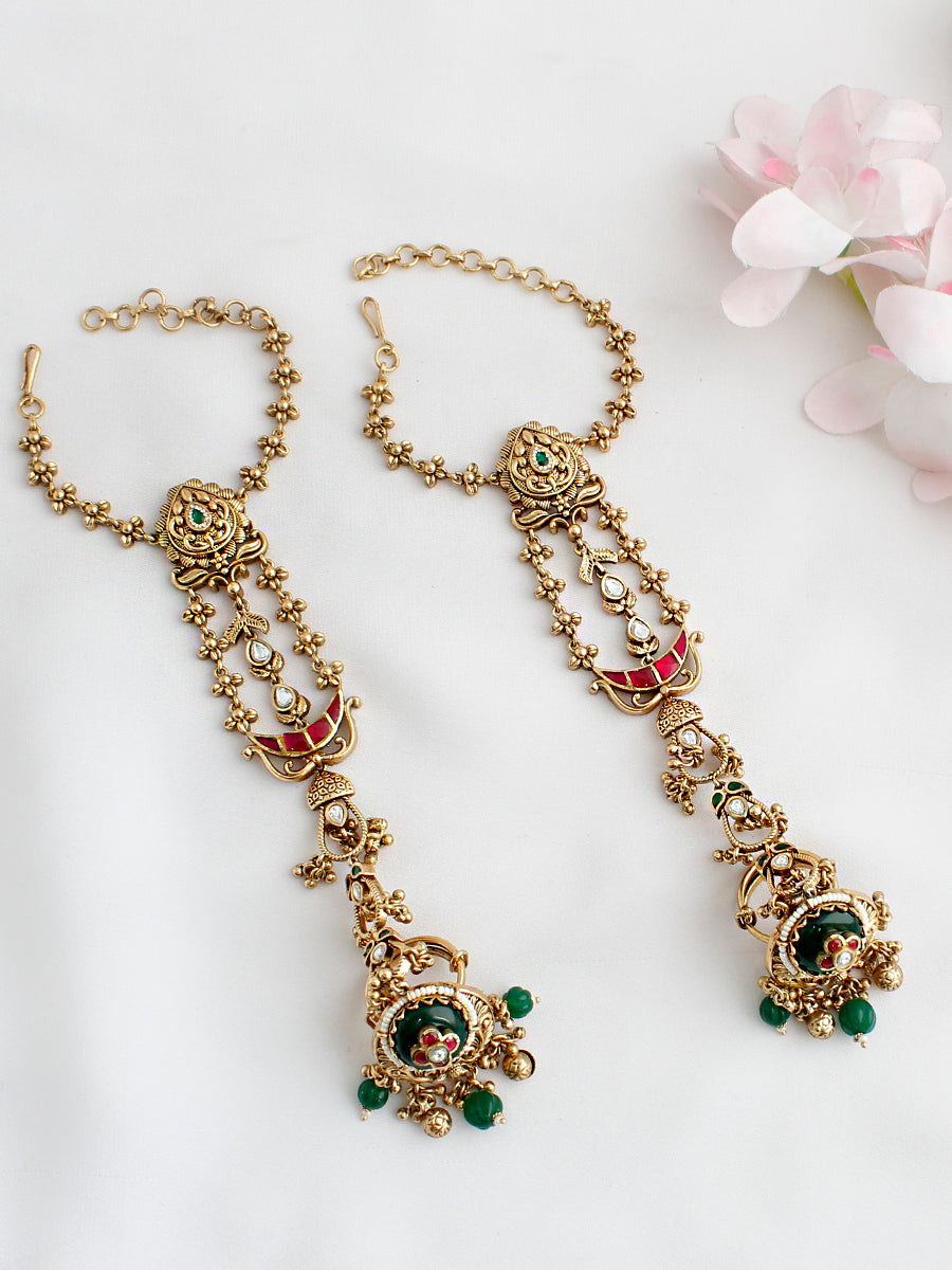 Anushka Hand Harness / Hathphool Temple Jewelry Hathphool for Traditional Outfits-Pink / Green