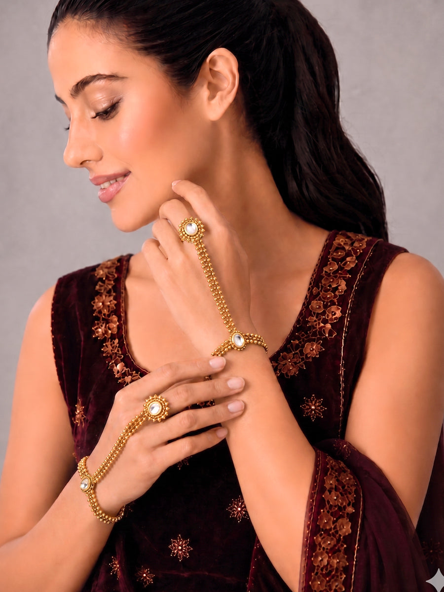 Aabha Hand Harness / Hathphool Indian Hand Jewelry Set for Festive Occasions-Gold