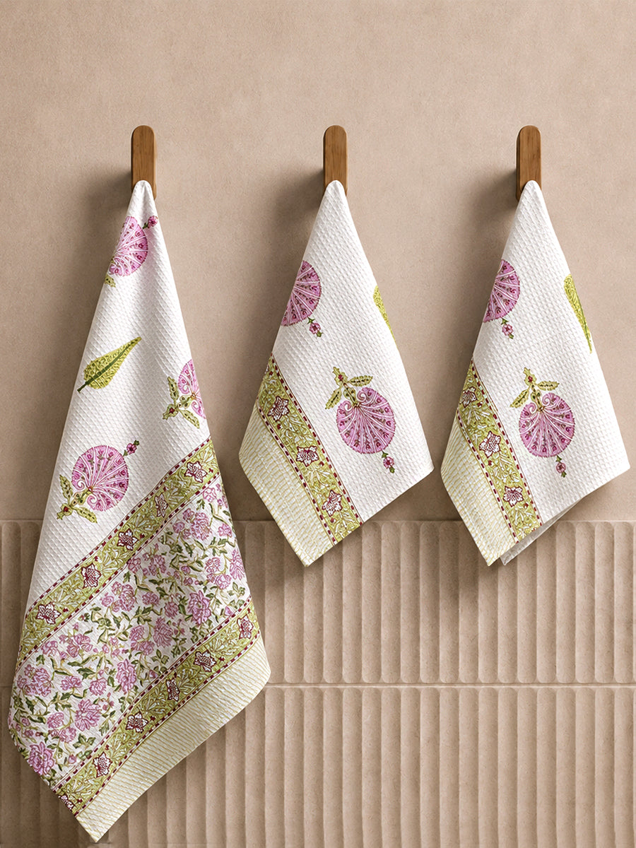 Pink Floral Charm Waffle Cotton Towe Set 