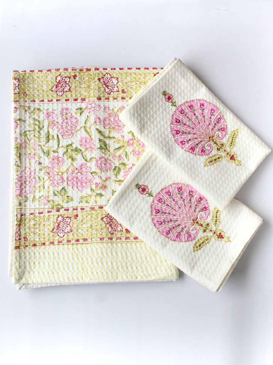 Pink Floral Charm Waffle Cotton Towe Set 