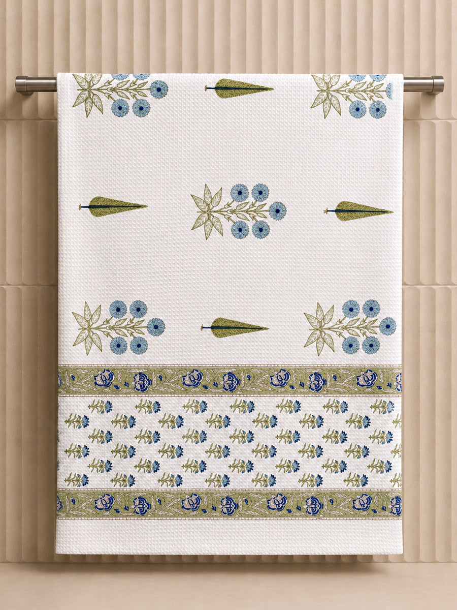 Blossom Blue Block Print Hand & Bath Towel Set-Blue