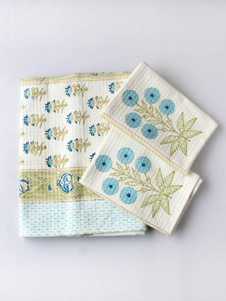 Blossom Blue Block Print Hand & Bath Towel Set
