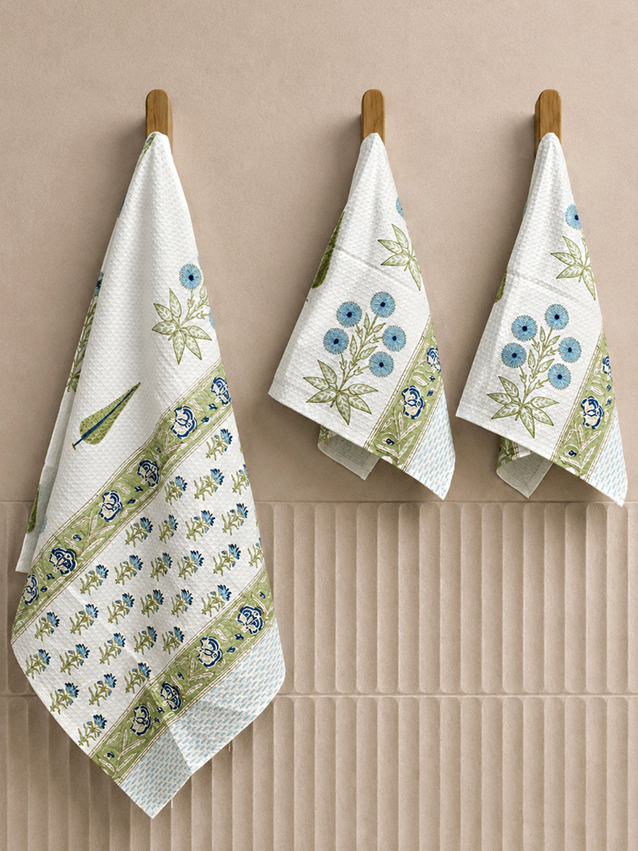 Blossom Blue Block Print Hand & Bath Towel Set-Blue