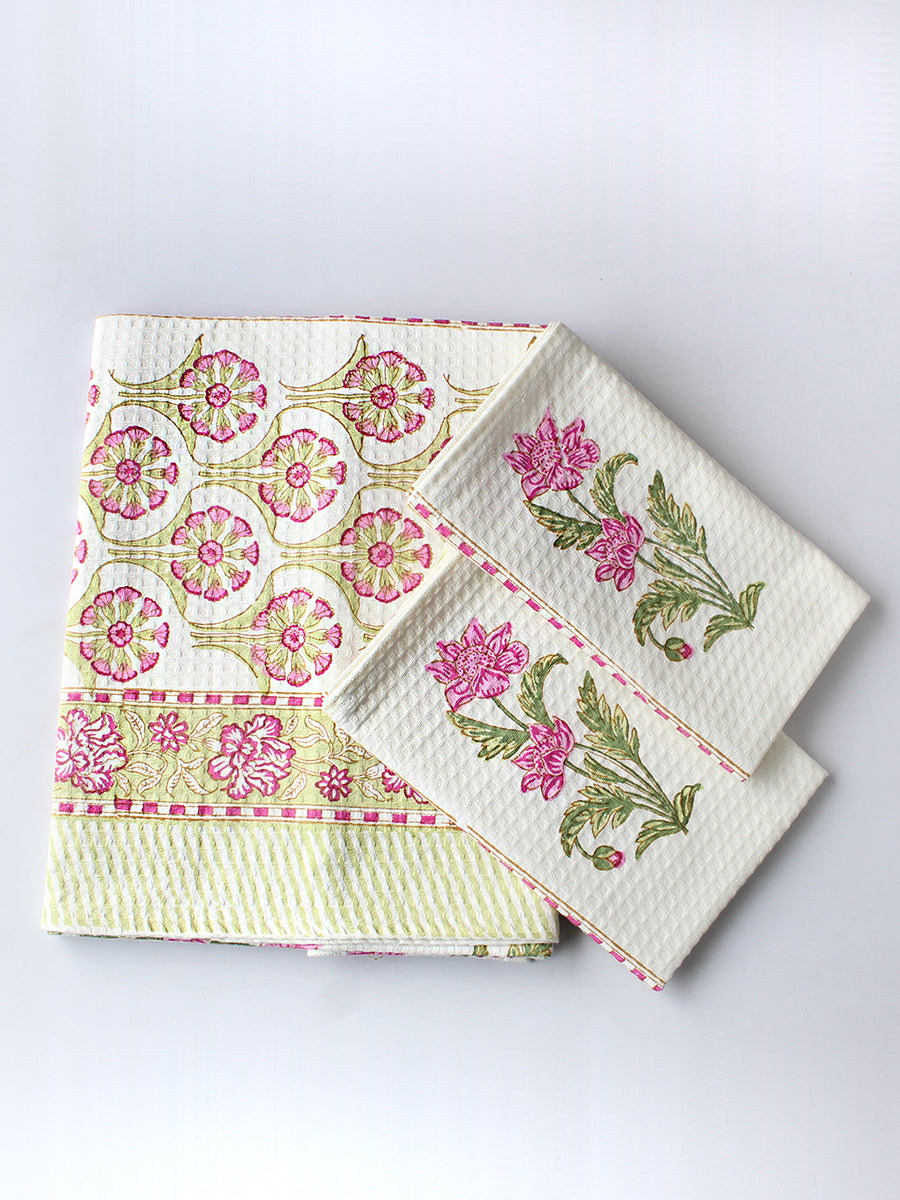 Blossom Pink Floral Hand & Bath Block Print Towel Set - Pink
