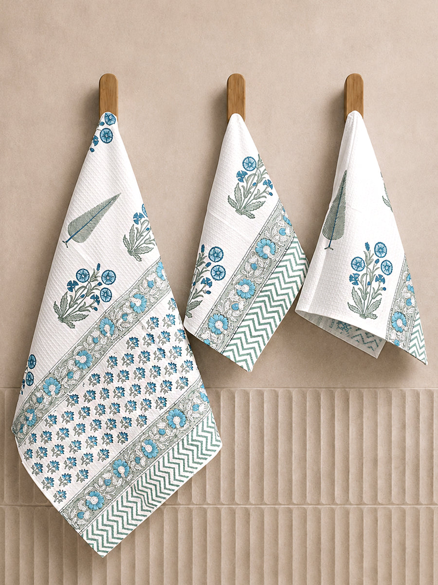 Blue Floral Bliss Hand & Bath Towel Set-Blue