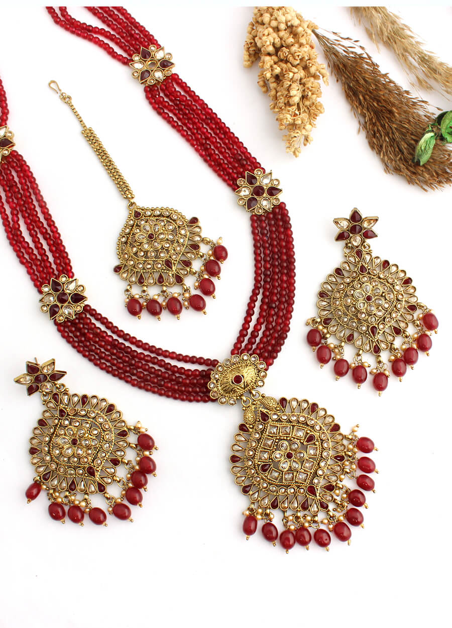 Parinaaz Long Necklace Set-Maroon