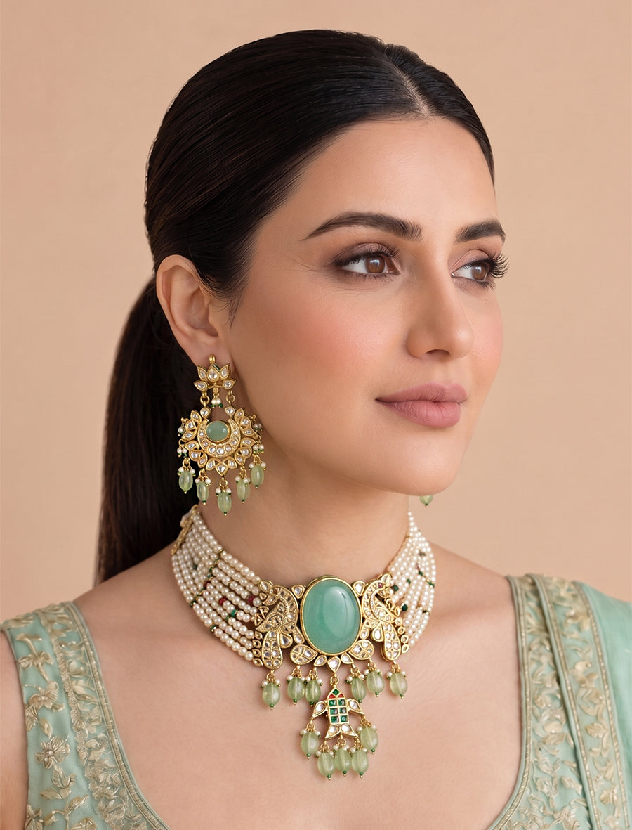 Samakshi Choker Necklace Set-Mint green