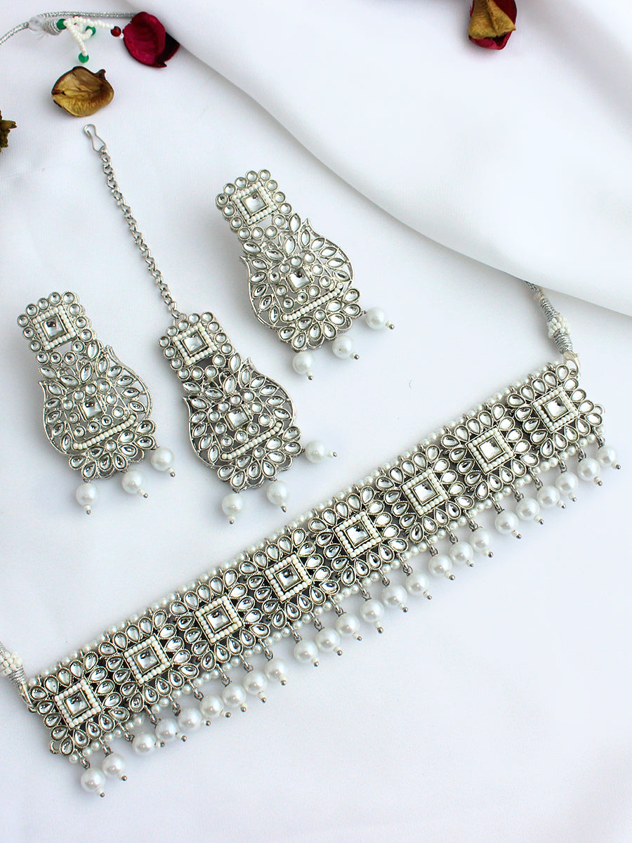 Ruveena Necklace Set-Silver