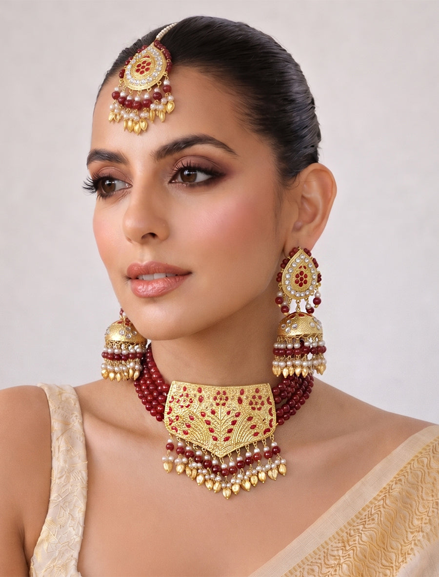 Warda Necklace Set - Maroon
