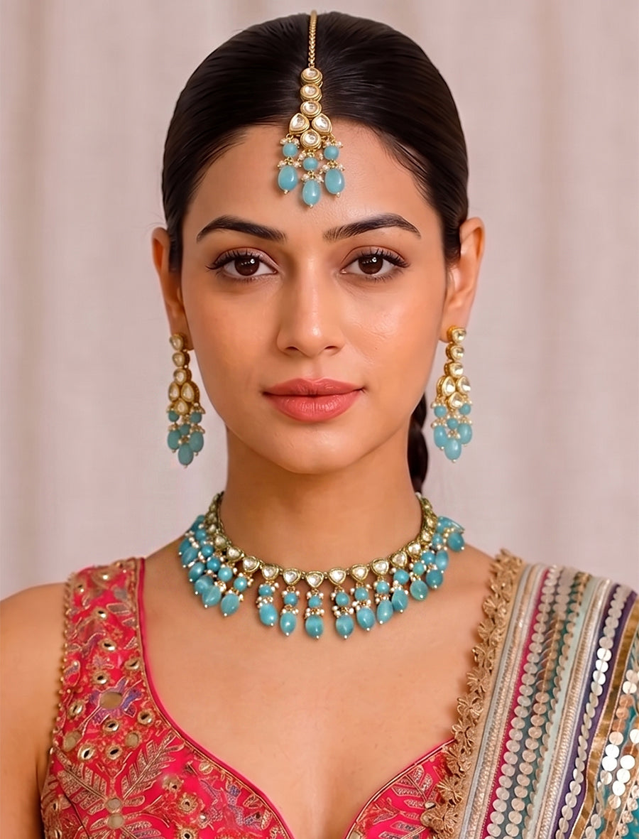 Bhavya Necklace Set-Aqua