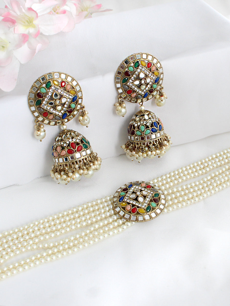 Ishrat Mirror Choker Necklace Set - Multicolor