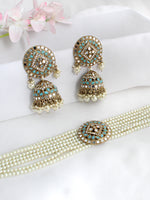 Ishrat Mirror Choker Necklace Set - Aqua