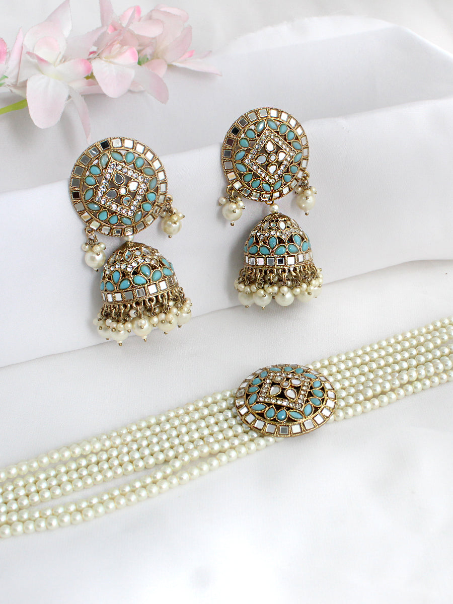 Ishrat Mirror Choker Necklace Set - Aqua