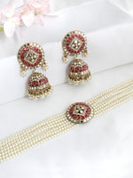 Ishrat Mirror Choker Necklace Set - Hot pink